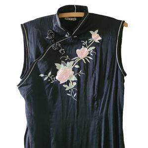 Vintage black embroidered floral silk maxi dress cheongsam